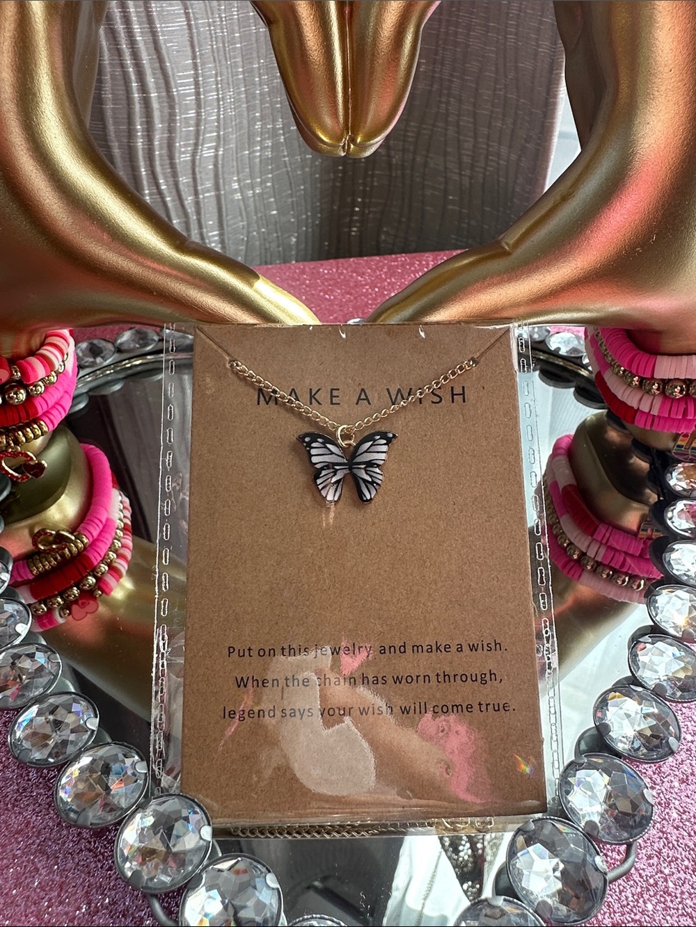 Gold Butterfly Pendant Necklace with White and Black Enamel